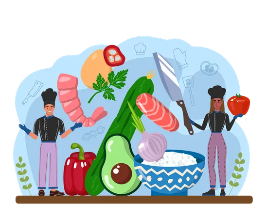 Female cook holding butcher for making tuna  Illustration