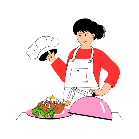 Female cook preparing chicken dish  Illustration