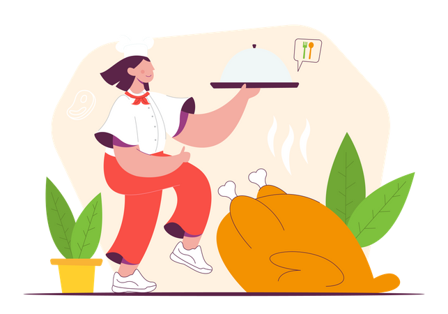 Female Cooking Chicken Illustration