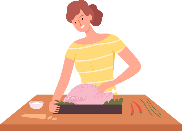 Female cooking chicken  Illustration