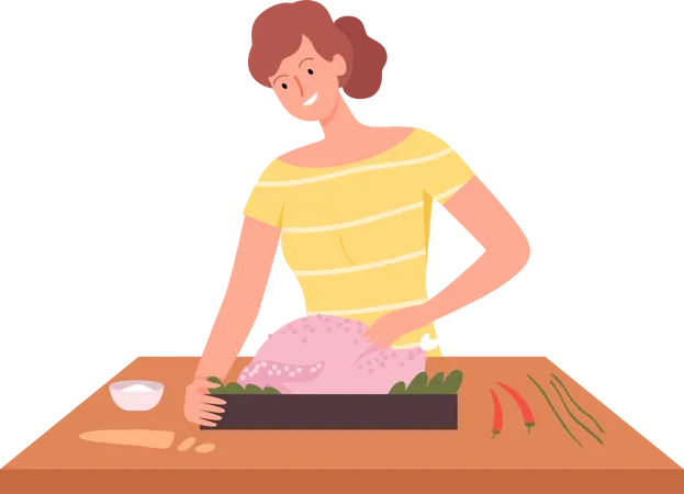 Female cooking chicken  Illustration