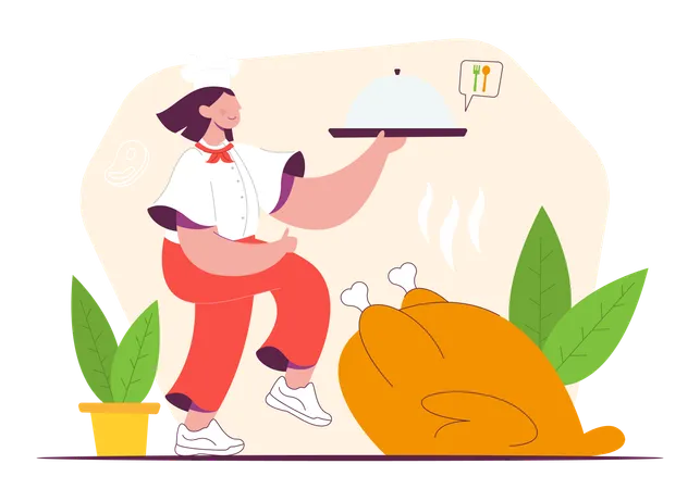 Female Cooking Chicken  Illustration