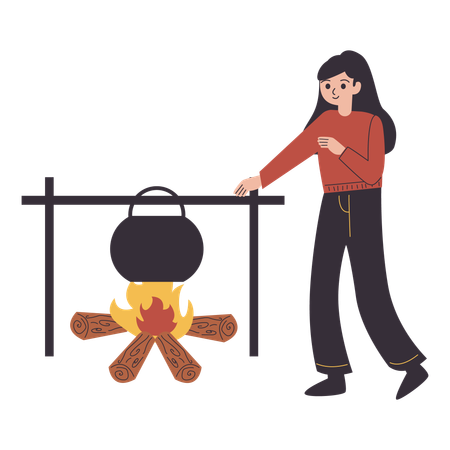Female cooking while camping  Illustration
