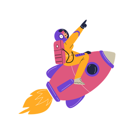 Female cosmonaut in a spacesuit, flying on a rocket  Illustration