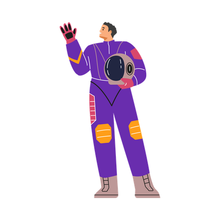 Female cosmonaut in a spacesuit waving and holding a helmet  Illustration