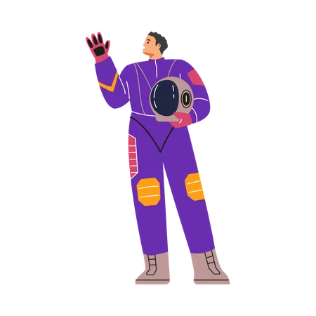 Female cosmonaut in a spacesuit waving and holding a helmet  Illustration