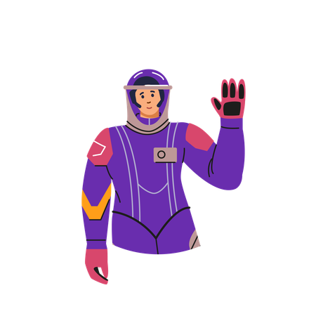 Female cosmonaut in a spacesuit waving her hand  Illustration