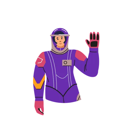 Female cosmonaut in a spacesuit waving her hand  Illustration