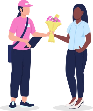 Female courier and customer with flowers  Illustration