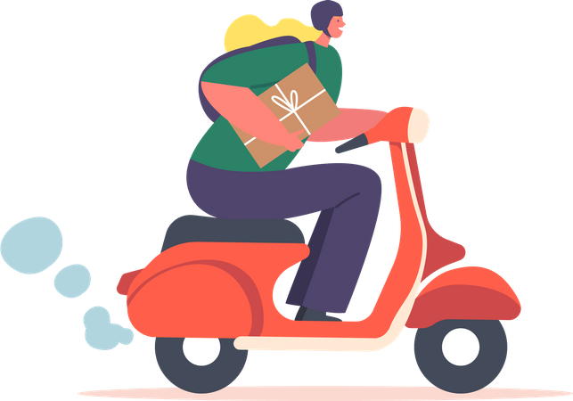 Female Courier Deliver Parcel On Scooter  Illustration