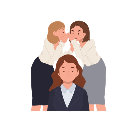 Female coworkers gossiping behind annoyed woman in workplace  Illustration