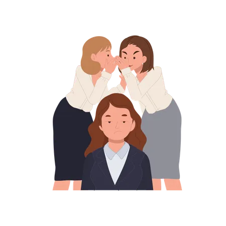 Female coworkers gossiping behind annoyed woman in workplace  Illustration