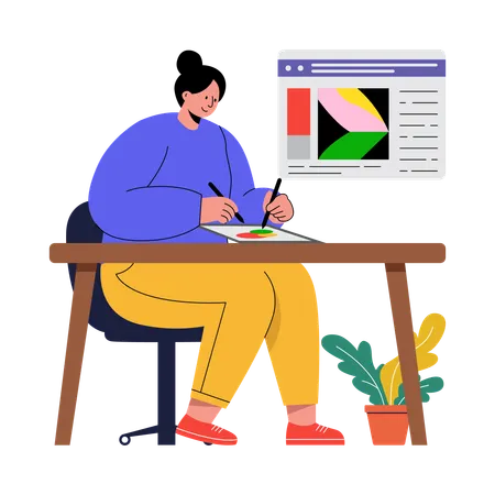 Female creating design on canvas  Illustration