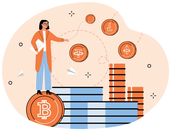 Digital Payment System Money Investment Online Currency And Blockchain Technology Virtual Coins Internet Money Woman Studying Cryptocurrency Mining Exchange Lady Works In Cryptography Illustration