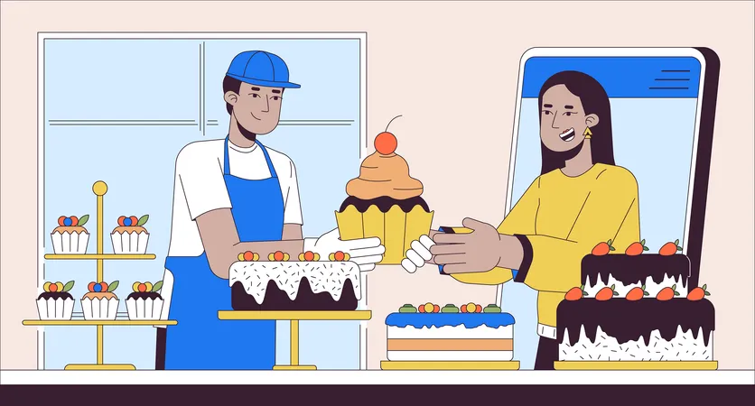 Confectionery Online Orders Line Cartoon Flat Illustration Female Customer Buying Cakes In Bakery 2 D Lineart Scenery Background Small Business Digital Service Scene Vector Color Image 일러스트레이션
