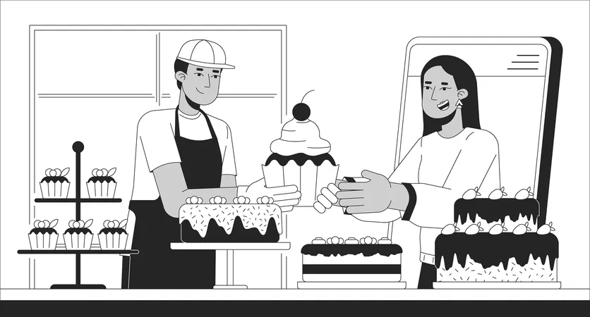 Confectionery Online Orders Black And White Cartoon Flat Illustration Female Customer Buying Cakes Outline Cartoon Scene Background Small Business Digital Service Metaphor Monochrome Vector Art 일러스트레이션