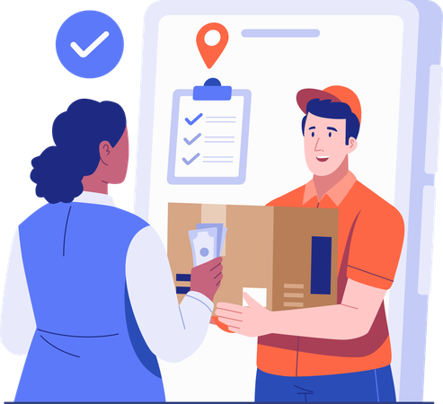Female customer paying cash to male courier while receiving package  Illustration
