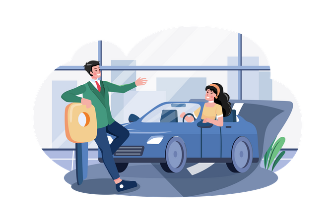 Female customer taking test ride of new car  Illustration