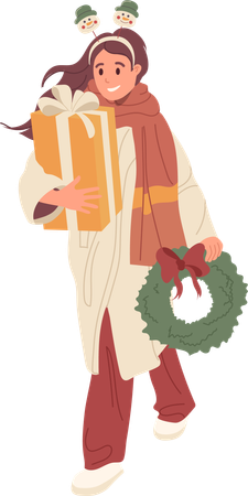 Female customer walking with Christmas shopping purchases  Illustration