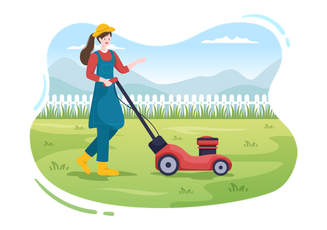 Female Cutting Green Grass  Illustration