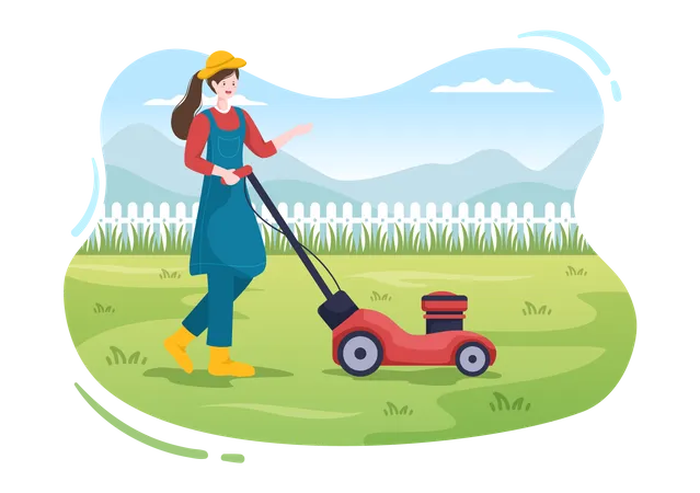 Female Cutting Green Grass  Illustration