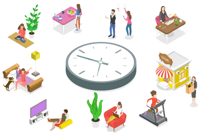 3 D Isometric Flat Vector Conceptual Illustration Of Female Daily Routine Waking Up Doing Yoga Breakfast Public Transport Working Buying Grocery Book Reading Movie Watching Illustration