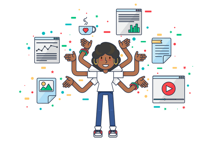 Female data specialist doing multitasking  Illustration