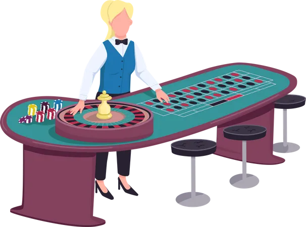 Croupier Flat Color Vector Faceless Character Female Dealer Near Roulette Table Person Ready To Spin Wheel And Take Bets Woman In Uniform Behind Gambling Counter Isolated Cartoon Illustration Illustration