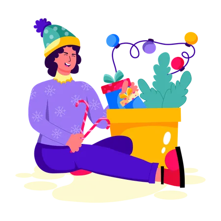 Female Decorate Christmas Gift  Illustration