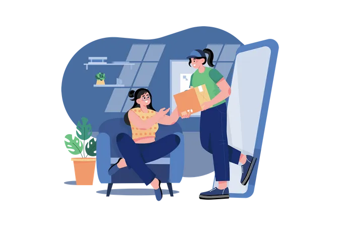 Women Receive A Package Appears On Screen Phone By Courier At Home Illustration