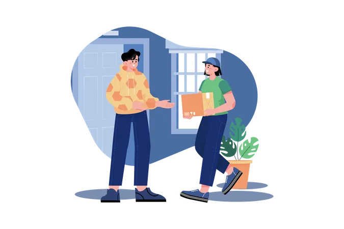 Happy Male Client Receiving An Order From A Female Courier In A Red Uniform Illustration