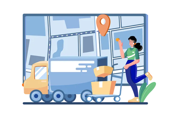 Delivery Truck With Man Is Carrying Parcels On Points Illustration