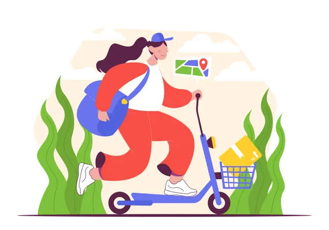 Female delivery person on scooter  Illustration