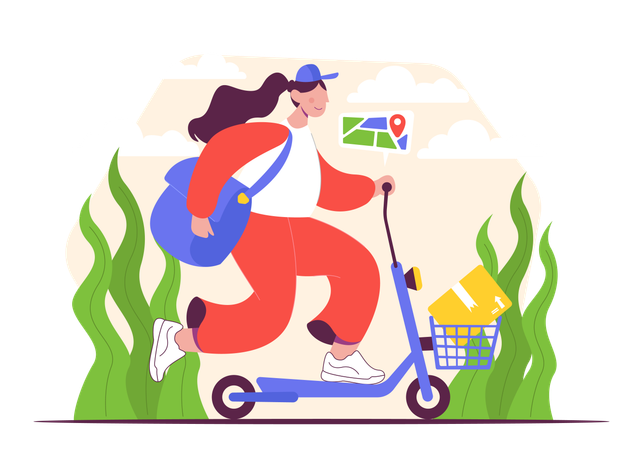 Female delivery person on scooter  Illustration