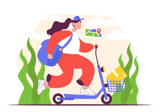 Female delivery person on scooter  Illustration