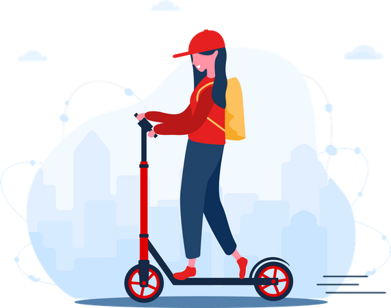 Female delivery person on scooter  Illustration