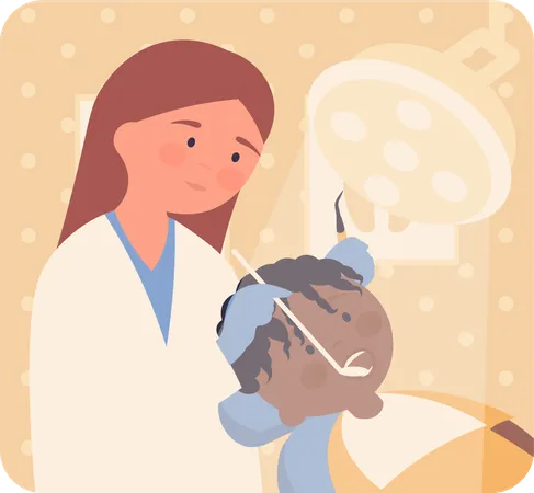 Female dentist checking teeth of little boy  Illustration