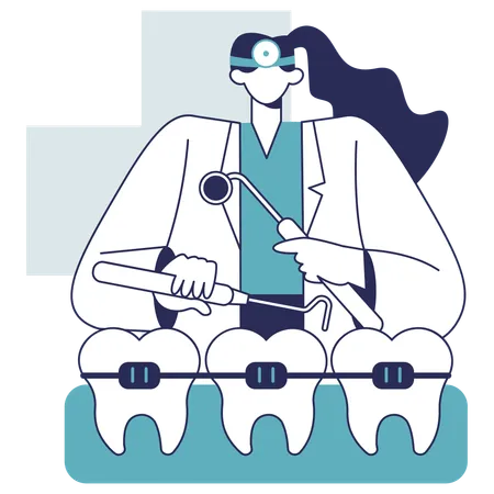 Female dentist checking tooth Braces  Illustration