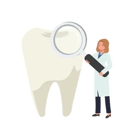 Dental Medical Teeth Checkup Concept Female Dentist With A Big Magify And Teeth Flat Vector Cartoon Illustration Illustration