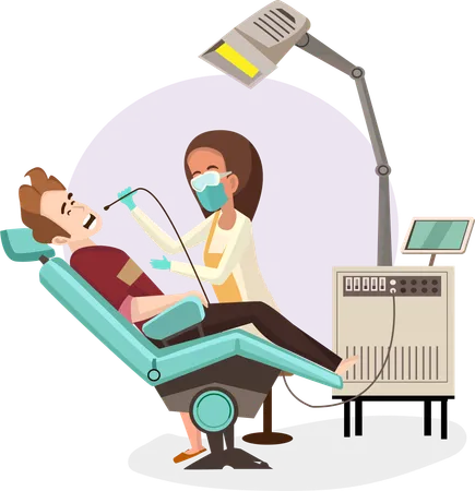 Female Dentist Holds Tools And Examines Teeth Patient Looking Into Mouth Illustration