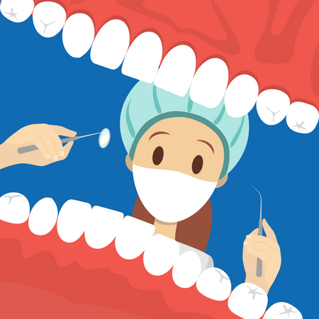 Female dentist looking into patient mouth  Illustration