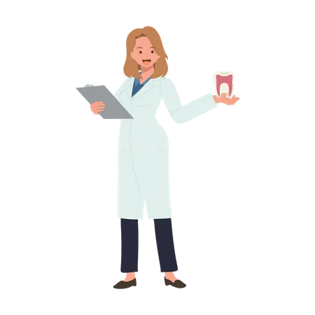 Dental Medical Concept Female Dentist With Clipboard Is Presenting Or Showing The Result Of Tooth Treatment Flat Cartoon Vector Illustration Illustration