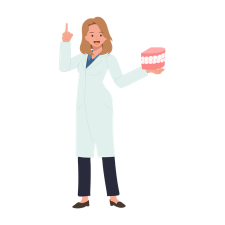 Female Dentist with mouth model explaining how to take care teeth  Illustration