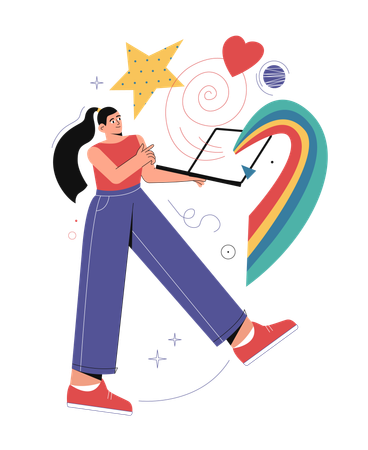 Female designer holding laptop and creating creative design  Illustration
