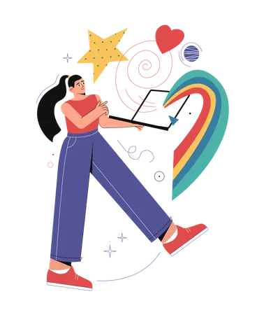 Female designer holding laptop and creating creative design  Illustration