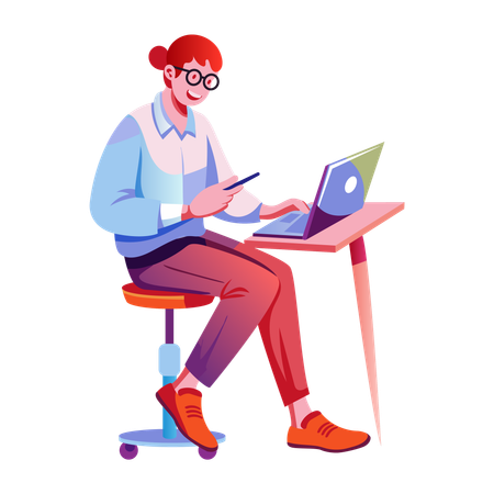 Female designer working on laptop  Illustration