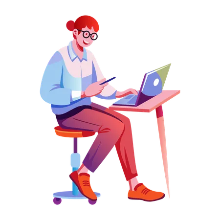 Female designer working on laptop  Illustration