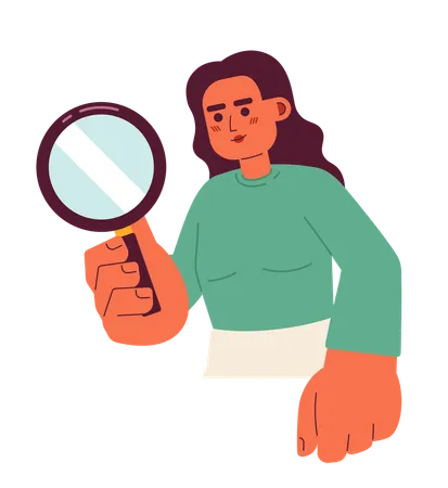 Female Detective Magnifying Glass 2 D Cartoon Character Researcher Young Woman South Asian Isolated Vector Person White Background Indian Lady Looking Through Loupe Color Flat Spot Illustration Illustration