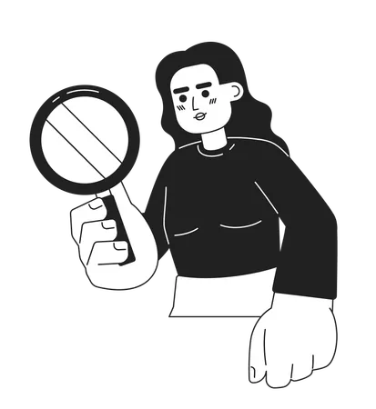 Female Detective Magnifying Glass Black And White 2 D Cartoon Character Researcher Young Woman South Asian Isolated Vector Outline Person Indian Lady With Loupe Monochromatic Flat Spot Illustration Illustration