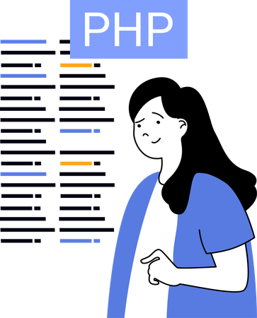 PHP 코딩을 하는 여성 개발자  일러스트레이션